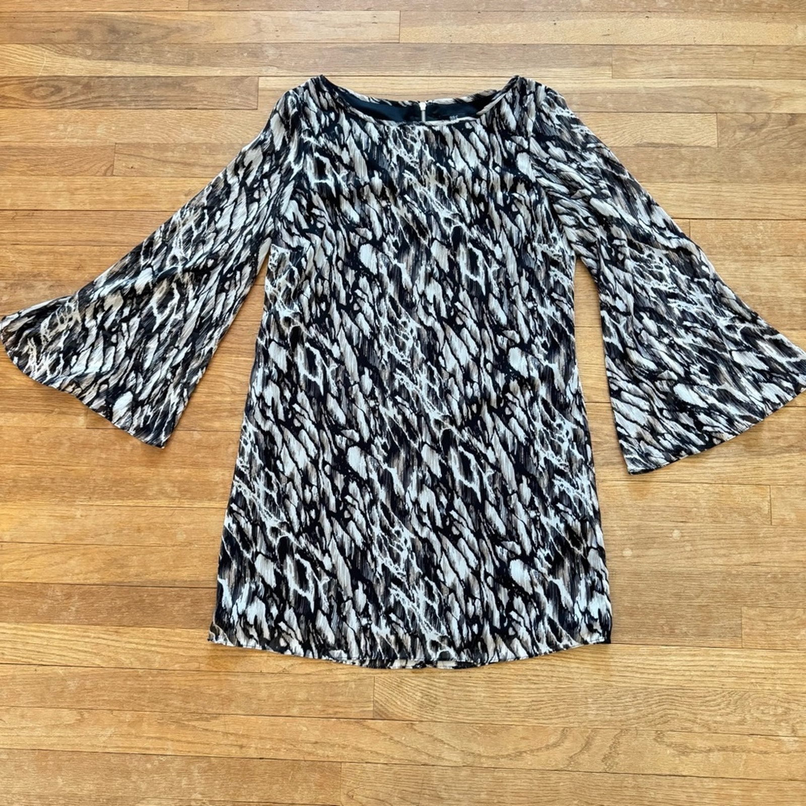 Jbs Black White Abstract Print Long Sleeve Mini Shift Dress Size 10 B26